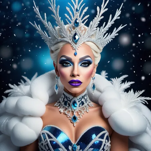 Prompt: A high definition hyper-detail live action digital photograph of a Drag snow queen