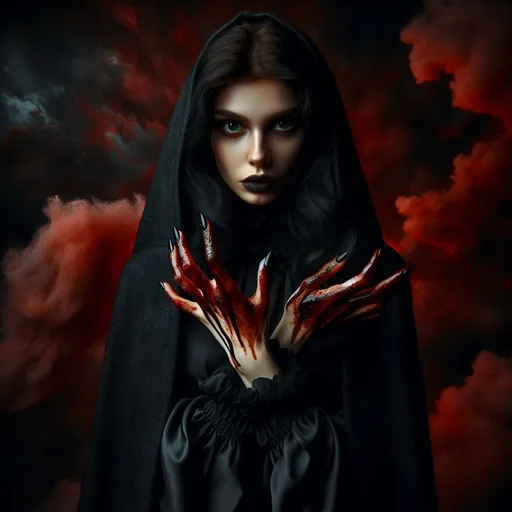 Prompt: From the depths of hell rises a female figure in black with bloody hands.