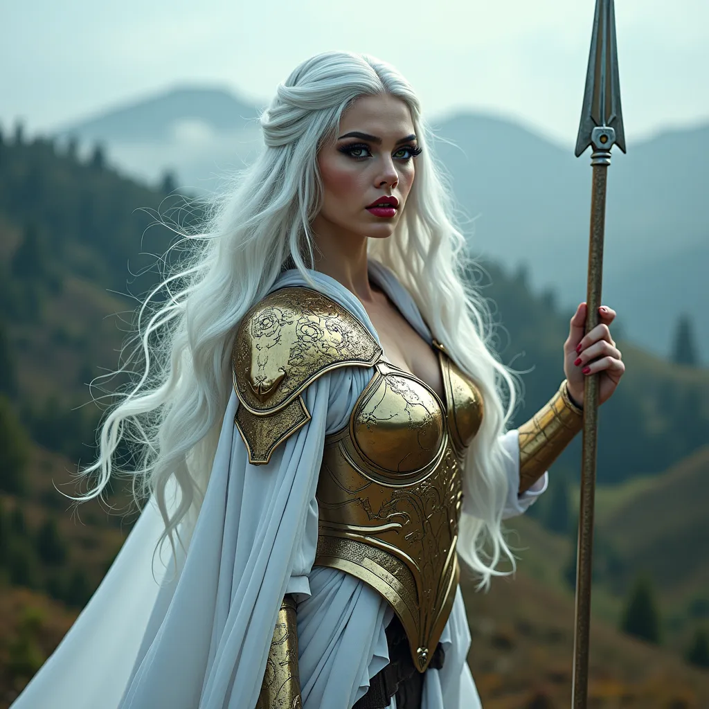 Prompt: a Valkyrie, a powerful, majestic gorgeous drag queen with long, flowing silver hair and piercing green eyes, dark eye makeup, dark red lipstick, muscular physique, perfect body, wearing a suit of armor that shines like gold in the light, perfect body, with intricate engravings of Norse mythology flowing white cape that billows behind her like a cloud. She should be holding a spear in one hand, with a shining silver tip that seems to glow with an otherworldly energy. The background should be a misty, mystical landscape with hills and towering trees, with a faint glow of the Northern Lights,shimmering aura that suggests her connection to the gods and her role as a guide for souls to Valhalla, ultra detailed,14k, sharp focus, cinematic,dslr, glamour shot,