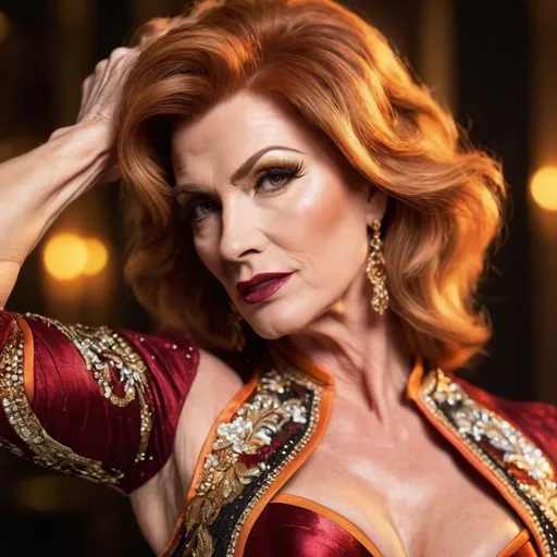 Prompt: Gorgeous muscular 55-year-old Hungarian drag queen bodybuilder with big busom, 
dark red matte lipstick, and short burnt orange hair, wearing a Roberto Cavalli dress, (luxurious designer fashion), stunning animal prints, exquisite embroidery details, showcase of intricate textures, flowing silhouette, elegant evening atmosphere, vibrant colors, dramatic lighting, (high fashion editorial style), ornate background with soft-focus elements, (4K ultra-detailed) craftsmanship, combining glamour and sophistication, perfect for a high-end photoshoot setting.