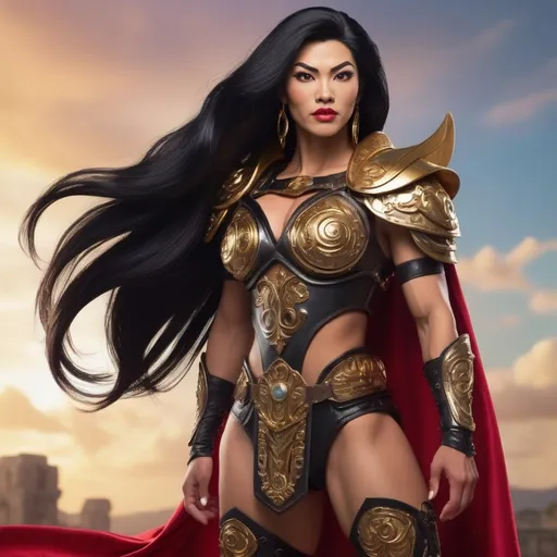 Prompt: "Imagine a reimagined Vietnamese Asian drag queen bodybuilder version of Xena (strong masculine jawline and brow facial features) inspired by Pixar's art style. She is a heroic and strong figure with an muscular yet elegant build, very long wavy black hair, and a radiant smile that reflects both strength and kindness. She wears a modernized version of Greek armor, featuring intricate gold and bronze details, paired with a flowing cape. Her pose is dynamic, holding a glowing sword in one hand exuding confidence and determination. The background showcases a vibrant and mythological world filled with ancient ruins and a breathtaking celestial display of all the planets aligning in a radiant golden sky. The scene captures her as a symbol of power, resilience, and grace, standing as a hero in a cosmic and legendary moment."