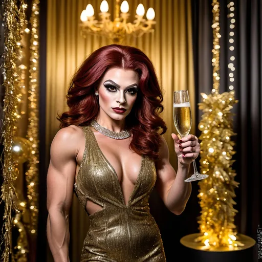 Prompt: A gorgeous muscular 25-year-old Hungarian drag queen bodybuilder with large busom and dark red hair in a (vibrant scene) New Year’s Eve celebration, elegant Chanel fashion, glamorous party atmosphere, sparkling lights, champagne flutes toasting, sophisticated decorations, intricate detailing in attire, warm golden tones mixed with dramatic contrasts, exquisite backdrop featuring a chic cityscape at night, (high quality) 4K, ultra-detailed, capturing the essence of luxury and festivity.