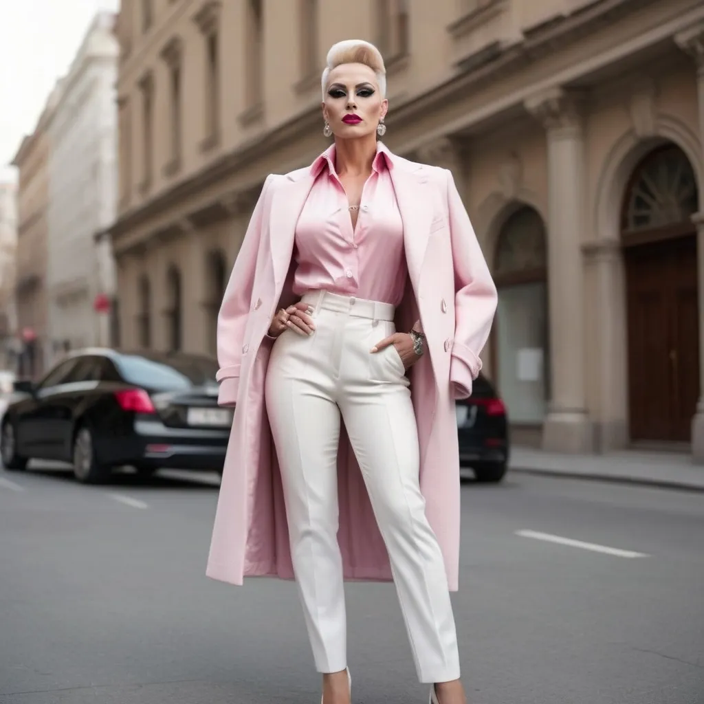 Prompt: Here's a prompt:

"Generate an image of a stylish and confident 35-year-old Hungarian drag queen bodybuilder wearing a stylish pink and white ensemble. Face has strong masculine jawline and brow. Dark eyeshadow  and dark lipstick. Large busom. Short updo hairstyle. 

Outfit:

- Trousers: White, slim-fit, and elegantly tailored
- Coat: Pastel pink, fitted, and knee-length with a subtle sheen
- Top: Soft white or light pink blouse with delicate details (optional)
- Shoes: White or metallic stiletto heels
- Accessories: Minimalist jewelry, such as a simple watch and elegant earrings

Pose:

- Stand with confidence, with one hand in the coat pocket
- Slightly angle the body, showcasing the outfit's silhouette
- Gaze directly at the camera with a subtle smile

Background:

- Soft, neutral-colored setting (e.g., light gray, beige, or white)
- Minimalistic environment to emphasize the outfit

Style:

- Modern, sophisticated, and effortlessly chic
- Emphasize the harmony of pink and white hues
- Capture the individual's poise and confidence

Generate a high-quality image showcasing the perfect blend of style, elegance, and modern flair."