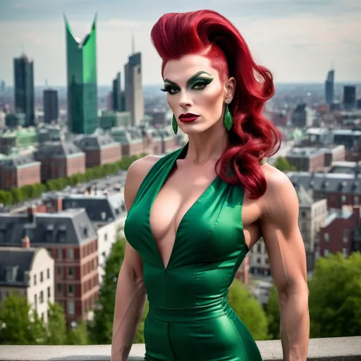 Prompt: Gorgeous muscular 25-year-old Belgian drag queen (strong masculine jawline and brow) with very long dark red tight updo hair in a green outfit and 8 inch stiletto high heel shoes, with a cityscape background, Erlund Hudson, transgressive art, promotional image, a character portrait