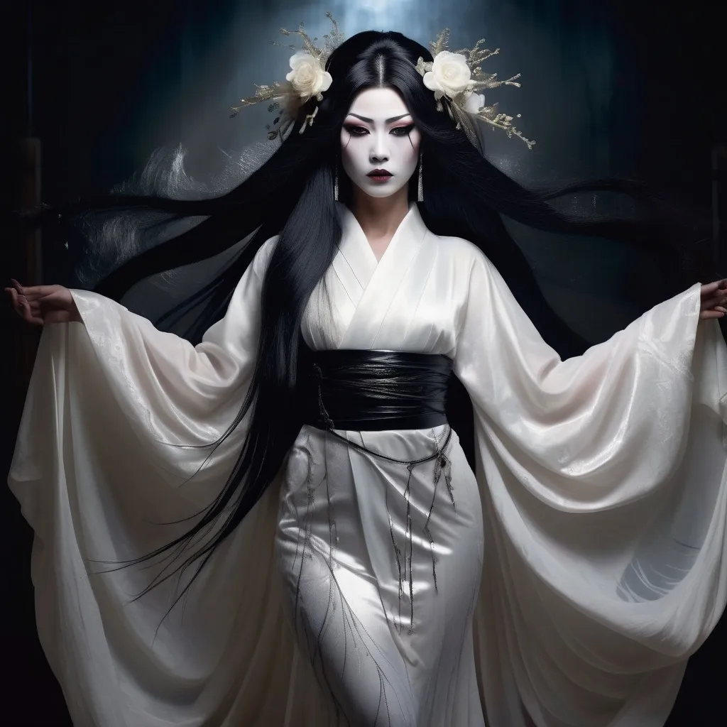 Prompt: A gorgeous, very muscular Japanese ghost drag queen, long black hair combed before her chest, wearing a white traditional Japanese burial dress,
