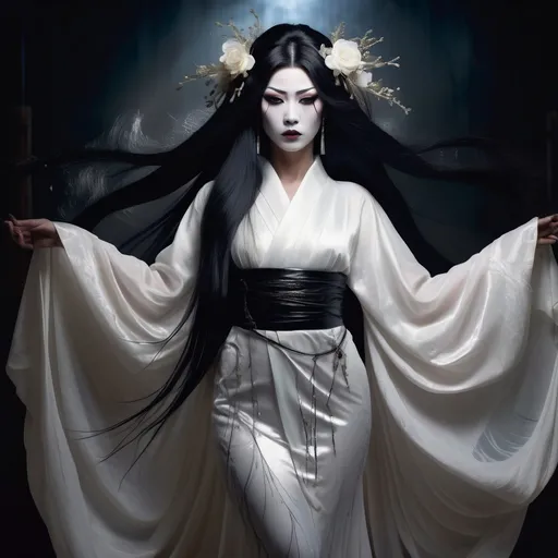 Prompt: A gorgeous, very muscular Japanese ghost drag queen, long black hair combed before her chest, wearing a white traditional Japanese burial dress,