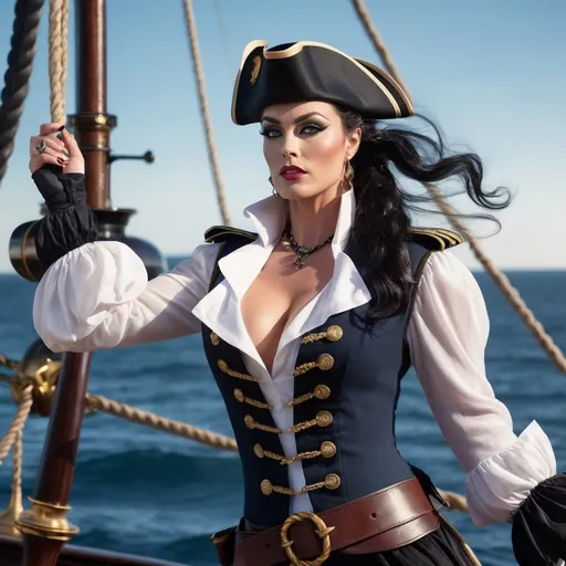 Prompt:  Gorgeous muscular 35-year-old French drag queen Pirate (very strong masculine jawline and brow facial features) with long curly black hair and big busom, detailed clothing, realistic, natural lighting, shiny black hair in a ponytail, pale blue eyes, Revolutionary Era Naval Uniform, standing on the deck of a galleon, moonlight mid-battle, dramatic lighting, dynamic and intense atmosphere, moon casting silver tones, ocean waves crashing, cannons firing, ultra-detailed, cinematic masterpiece.