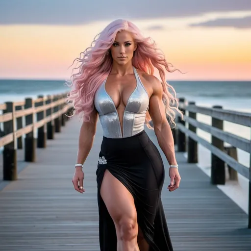 Prompt: 25 year old (caucasian) ultra-muscular Norse goddess bodybuilder with huge busom, muscular figure, and ridiculously long wavy platinum pink hair (((blowing in the wind))), wearing a silver crop top, black frilly dress, black sheer nylon stockings, and 8 inch stiletto high heel shoes, walking on the boardwalk at twilight.
