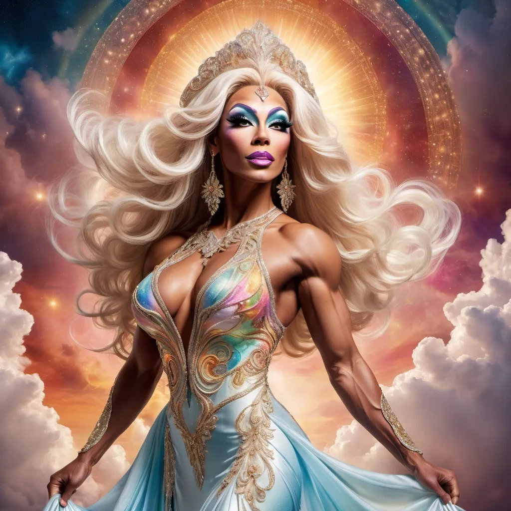 Prompt: The most beautiful caucasian drag queen bodybuilder in Heaven wearing the traditional Heaven dress.