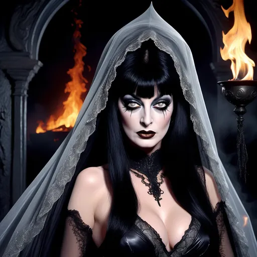 Prompt: (Rodney Dangerfield) Elvira, enchanting transformation, black and silver Versacedesigner dress, dark glamorous colors, dark spooky ambiance, moonlit background, fire and dark magical elements, (dramatic) lighting, exquisitely detailed facial features, captivating expression, veil and tiara, HD, ultra-detailed, contemporary art style with a gothic twist.