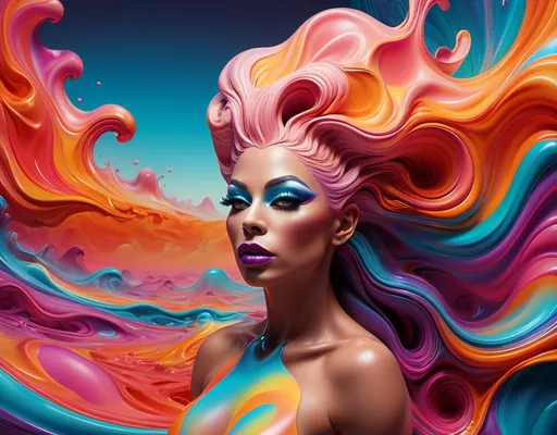 Prompt: (mesmerizing dreamscape), gorgeous muscular drag queen, vibrant, (streaming vibrant colors), surreal morphing shapes, fluid movements, seamless transitions, state of the art visuals, imaginative landscapes, enchanting atmosphere, captivating transformations, high depth, high resolution, ultra-detailed, abstract design, mesmerizing fluidity, otherworldly beauty.
