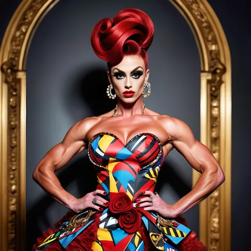 Prompt: Gorgeous ultra-muscular 25-year-old Czechian drag queen bodybuilder with long dark red stylish updo wearing a (Moschino dress), high fashion design, colorful patterns, playful and vibrant, couture elegance, luxurious texture, striking silhouette, artistic flair, runway-inspired style, intricate details, eye-catching embellishments, bold color palette, fashionable ambiance, (ultra-detailed), high-quality craftsmanship, fashion illustration vibes, stylish ensemble, (vivid colors), aesthetically stunning.