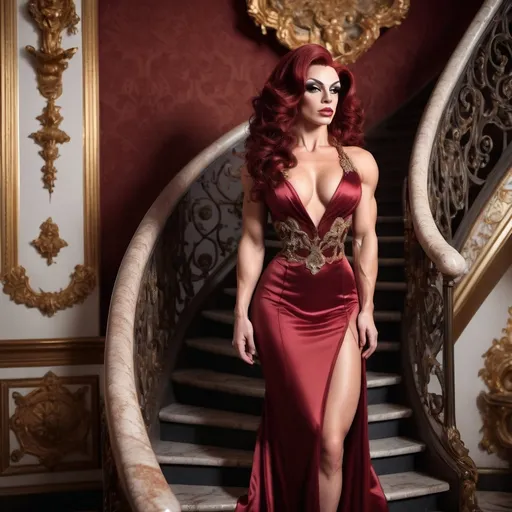 Prompt: High-resolution, cinematic-style photograph featuring a gorgeous ultra-muscular 25-year-old Italian drag queen bodybuilder with fair skin and dark red hair styled in elegant waves. Wearing a conservative yet classy dress outfit, She is standing on an ornate staircase in a grand, opulent interior.