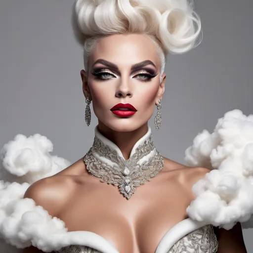 Prompt: A mesmerizing portrait graces the cover of an elite fashion magazine, capturing the essence of high-end sophistication. Set against a Cloud-white backdrop, the gorgeous, muscular, French drag queen (slight masculine jawline and brow features), model exudes confidence and allure, Large busom, adorned in exquisite fashion garments that epitomize elegance and class. This breathtaking image transcends traditional notions of style, embodying an innovative vision of haute couture that pushes the boundaries of modern aesthetics.