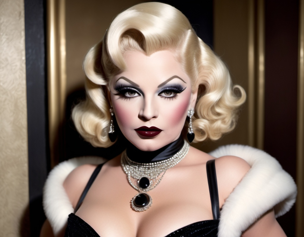 Prompt: If Mae West was a gorgeous muscular 25-year-old drag queen.  Dressed in traditional 1930s attire and 8 inch stiletto high heel shoes.  Dark eye makeup and dark lipstick.