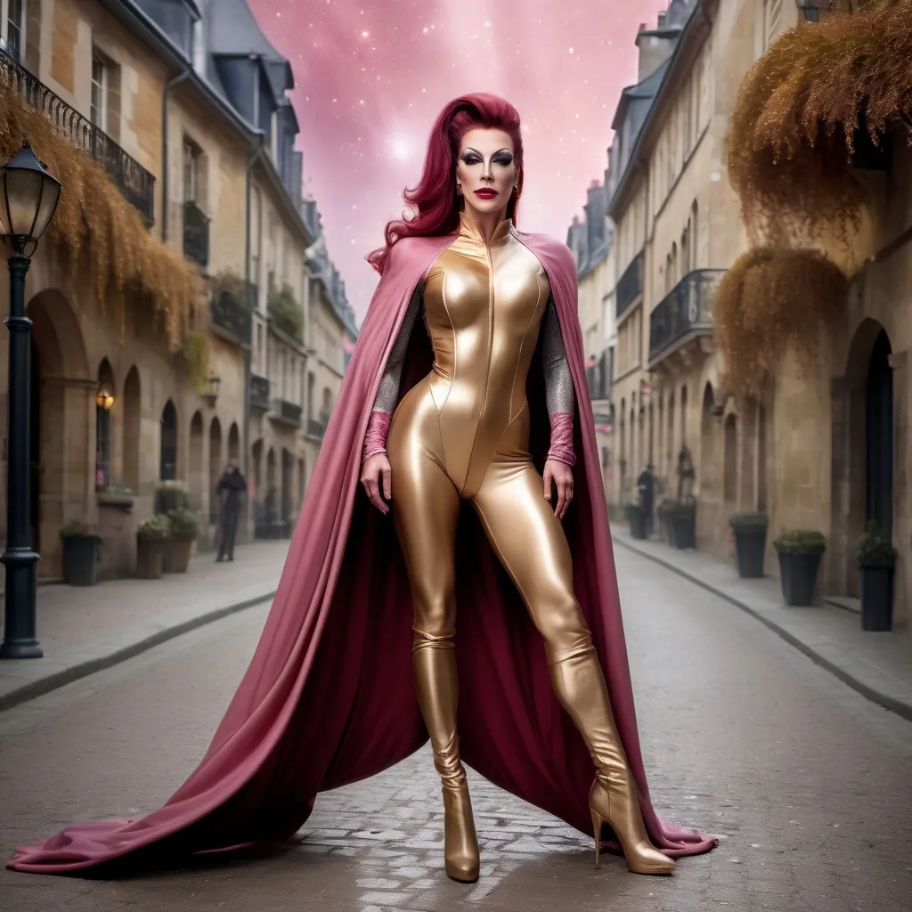 Prompt: (magic-filled encounter), gorgeous ultra-muscular French Drag queen wizard in her mid-30s, (dark red hair tied in a long ponytail), (mysterious golden cloak), striking (pink-grey eyes), stylish (tight pants), (leotard), alluring (stiletto heeled boots), atmospheric magical background, (enchanting ambiance), (4K ultra-detailed), visually captivating colors, dramatic lighting, embodying power and grace.