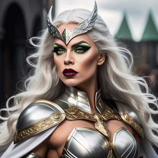 Prompt: a Valkyrie, a powerful, majestic gorgeous drag queen with long, flowing silver hair and piercing green eyes, dark eye makeup, dark red lipstick, muscular physique, perfect body, wearing a suit of armor that shines like gold in the light, perfect body, with intricate engravings of Norse mythology flowing white cape that billows behind her like a cloud. She should be holding a spear in one hand, with a shining silver tip that seems to glow with an otherworldly energy. The background should be a misty, mystical landscape with hills and towering trees, with a faint glow of the Northern Lights,shimmering aura that suggests her connection to the gods and her role as a guide for souls to Valhalla, ultra detailed,14k, sharp focus, cinematic,dslr, glamour shot,