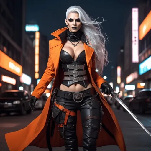 Prompt: Anime cyberpunk style, gorgeous muscular 45-year-old drag queen (masculine jawline and brow facial features) vampire huntress, long flowing silver hair with dark orange highlights, dark orange corset, black cargo pants, tactical belt, long orange coat,  carrying a sword on her back, highly detailed, HD, dark background, sneaking through an iluminated city center, inspired by blade the vampire hunter