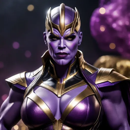 Prompt: If Thanos was a gorgeous muscular drag queen. Dark eye makeup and dark lipstick.