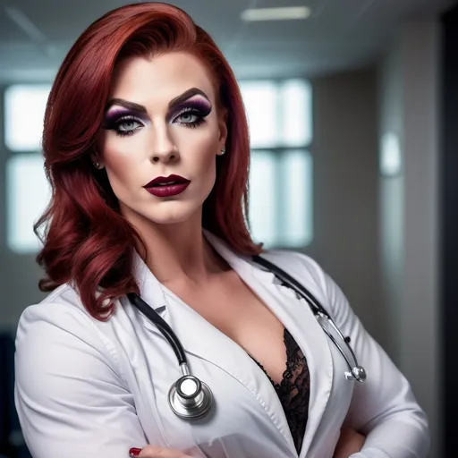 Prompt: Gorgeous muscular 25-year-old  British drag queen (masculine facial features) doctor with auburn hair, dark eyeshadow,  dark red lipstick, big busom, photorealistic picture, detailed facial features, doctor outfit, hospital background, confident expression, intelligent gaze, high quality, professional lighting