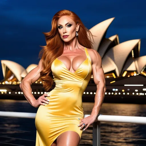 Prompt: Gorgeous ultra-muscular 25-year-old Australian drag queen bodybuilder, very well endowed, ultra-long thick ginger hair (((blowing in the wind))), wearing a light yellow knee-high sundress, and 8 inch stiletto high heel shoes standing in front of the Sydney Opera House at night. Muscular physique. 