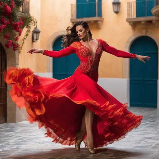 Prompt: (A close-up image)In the warmth of a twilight evening, a gorgeous muscular 35-year-old Spanish drag queen bodybuilder dancer (masculine jawline and brow facial features (hyper intricate facial detail)) dressed in a striking red flamenco gown whirls gracefully in a quaint courtyard setting. Her flowing dress swirls with every intense step and turn, capturing the essence of traditional Spanish dance. The rustic charm of the courtyard complements her fiery performance, with soft lighting casting golden hues that accentuate the dynamic movements of her dance. This compelling scene brings together the beauty of cultural expression and the timeless elegance of flamenco.
Hyper dynamic movement effect art
Splash art, hyper detailed, ultra realistic, highly detailed. Perfect studio lighting, perfect shading, impeccable contrast, HDR, UHD, high res, 64k
