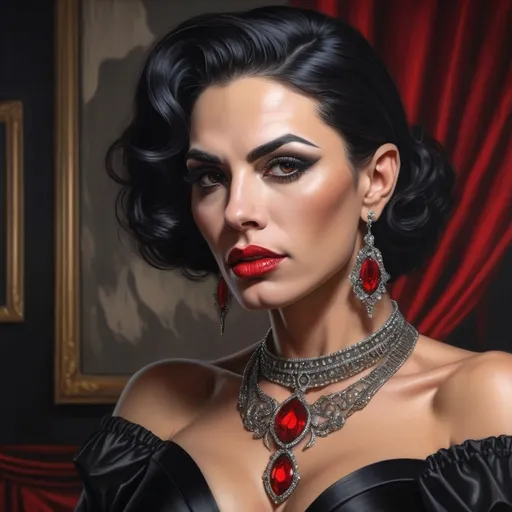 Prompt: a Gorgeous muscular 35-year-old Portuguese drag queen (very strong masculine jawline and brow features) with a necklace and earrings on her neck and red lips and a black dress on her chest, Edwin Georgi, gothic art, highly detailed digital painting, a photorealistic painting