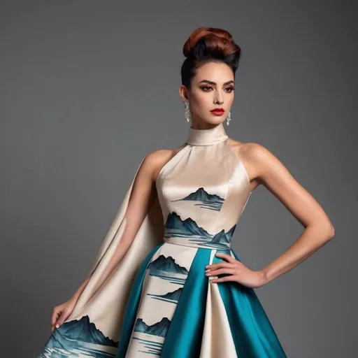 Prompt: The photo shows a gorgeous muscular 30-year-old Turkish drag queen (masculine jawline and brow) with long dark orange updo hair, in a long, elegant gown. Here's a description:

The Gown: The dress is a floor-length A-line gown, featuring a beige or champagne-colored satin top with long, wide sleeves that extend almost to the floor, creating a cape-like effect. The skirt of the dress is adorned with a vibrant, artistic print depicting a landscape of teal and blue mountains in a style reminiscent of traditional Chinese ink wash painting. There are also what appear to be stylized Chinese seals or stamps incorporated into the design. The skirt has a subtle ruffled or tiered detailing at the hem. The neckline is high and closed, in a style similar to a mandarin collar.

The Woman: The model is poised and elegant, her hair neatly pulled back. She wears delicate earrings. Her makeup is subtle and enhances her features.

The Setting: The background is a simple, solid dark red, which gives the gown and the model a striking contrast and prominence.

