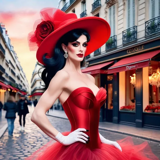 Prompt: A painting of an elegant, high-fashion gorgeous, muscular 35-year-old (caucasian) French drag queen bodybuilder with black hair in (elegant red floppy hat) and a (flowing red layered tulle dress) poses gracefully on a charming Parisian street, (vibrant colors) and (soft, romantic lighting) enhance the enchanting ambiance. The background features iconic Parisian architecture, with (cobblestone pavement) and (blooming flowers) that evoke a (dreamy, idyllic atmosphere). The scene captures the essence of elegance and charm, expressed in (ultra-detailed HD).