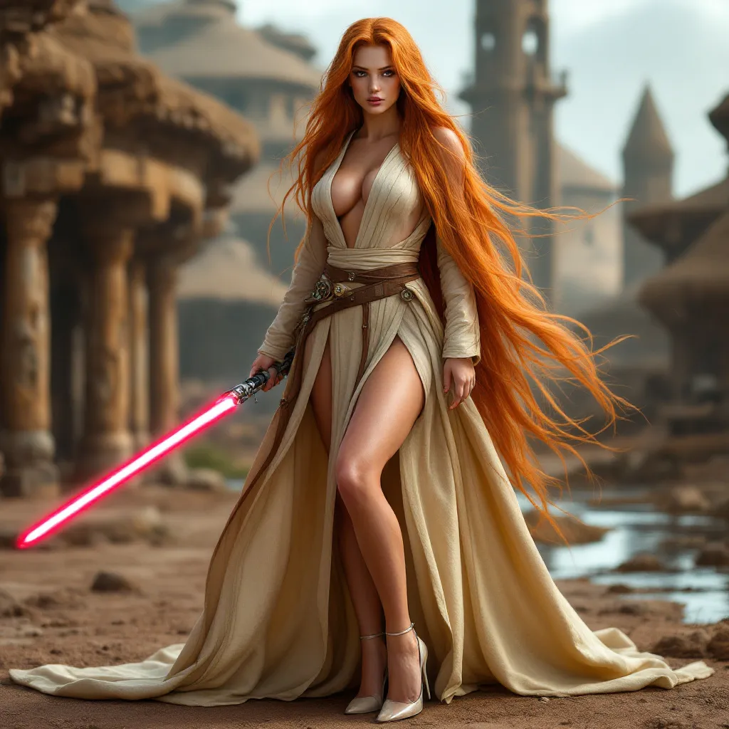 Prompt: Gorgeous ultra-muscular 25-year-old Finnish goddess with huge busom and ridiculously long flowing burnt orange hair wearing Jedi robes with a light saber and 8 inch stiletto high heel shoes posing in a futuristic village in the Star Wars universe. 