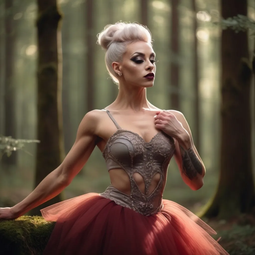 Prompt: (focused character gorgeous ultra-muscular 25-year-old Swedish drag queen bodybuilder), (elegant ballet pose), soft warm lighting, large busom, flowing pastel-colored tutu, enchanted forest background, delicate expression, intricate details in attire, dark eyeshadow,  dark red lipstick, immersive atmosphere, ethereal vibe, graceful movements, dreamy ambiance, intricate ballet shoes, glowing soft light filtering through trees, beautiful HD quality, atmospheric cinematic mastery