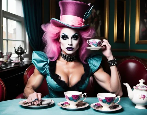 Prompt: If the Mad Hatter was a gorgeous hyper-muscular 25-year-old drag queen bodybuilder with Dark eye makeup and dark lipstick. Wearing 8 inch stiletto high heel shoes. Having a tea party.