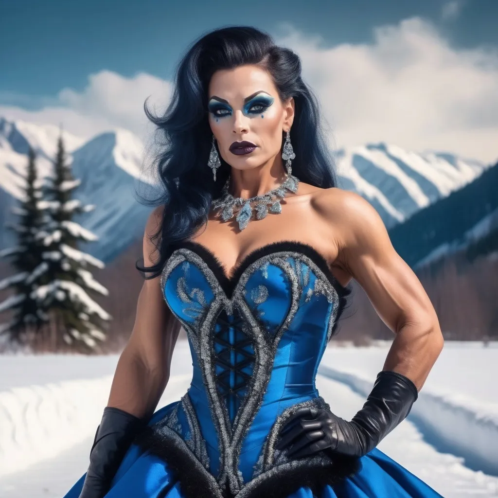 Prompt:  a beautiful muscular 35-year-old Slovenian drag queen bodybuilder with large busom (dark eyeshadow, heavy mascara, dark lipstick) in a blue dress standing in the snow,   fantasy art, very beautiful fantasy art, beautiful fantasy art portrait, beautiful fantasy painting