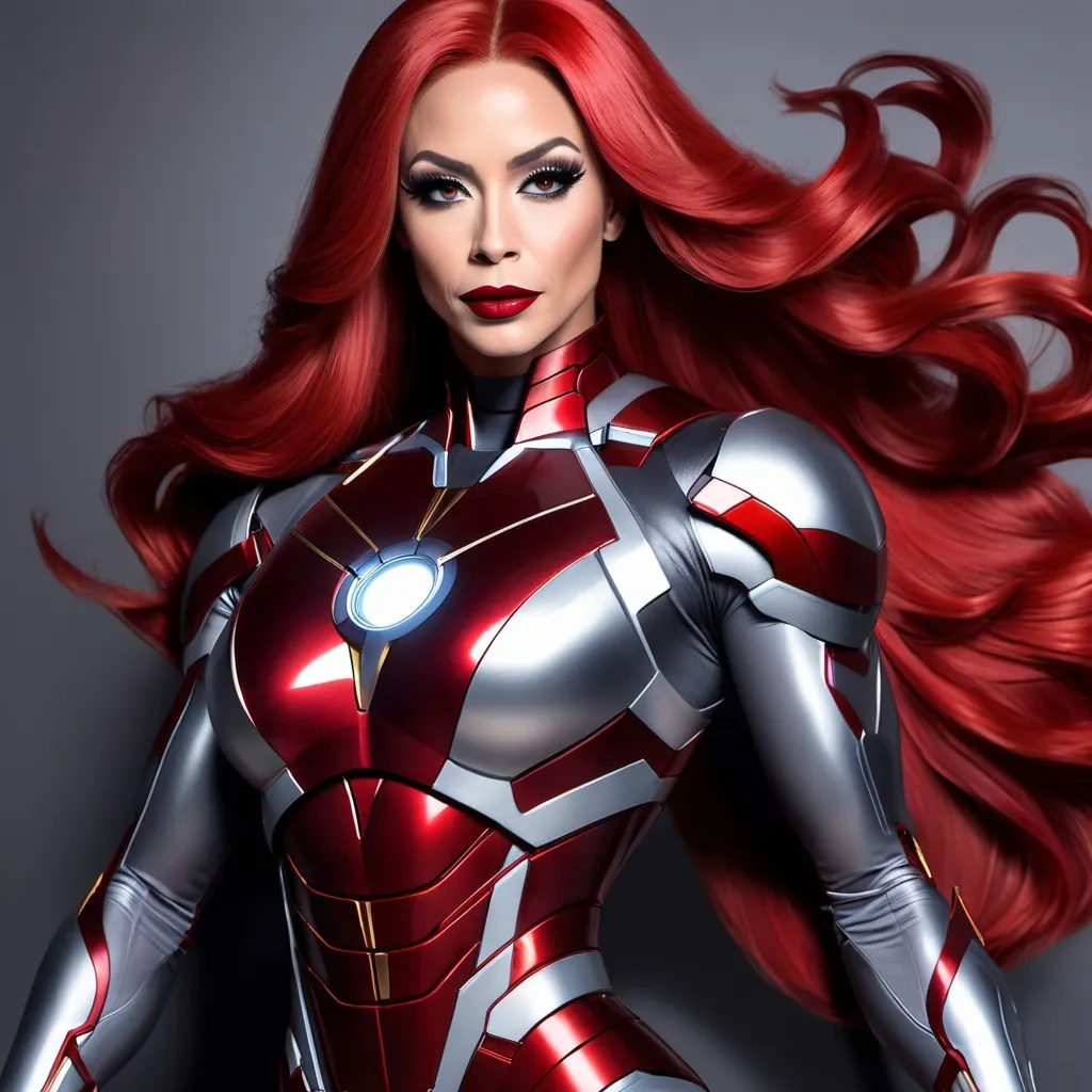 Prompt: If Ironman was a gorgeous muscular drag queen (full length photo) with long muscular legs and a very muscular physique. Performing in a beautiful gown. Dark eye shadow, heavy mascara, and dark red lip stick.