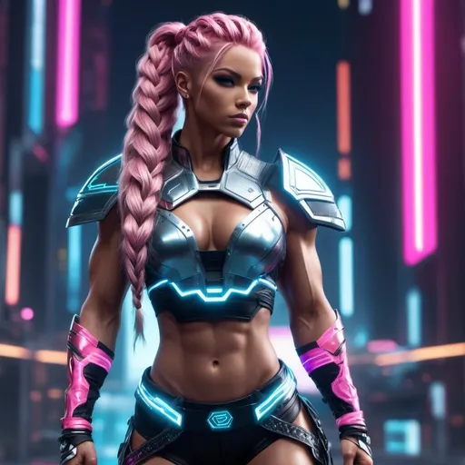 Prompt: 64k UHD detailed digital photograph of a gorgeous ultra-muscular 25-year-old Norse goddess bodybuilder with ridiculously long wavy pink braided ponytail, cyberpunk outfit, 8 inch stiletto high heel shoes,unreal engine 5, hip hop punk style, perfect autonomy body shape, muscular yet slim, detailed muscular structure, intense and authoritative gaze, futuristic Nordic setting, cool and edgy atmosphere, detailed armor with cybernetic enhancements, glowing holographic elements, high-res, ultra-detailed, anime, hip hop punk, futuristic, detailed muscles, urban setting, Victorian Nordic, powerful stance, professional, dynamic lighting