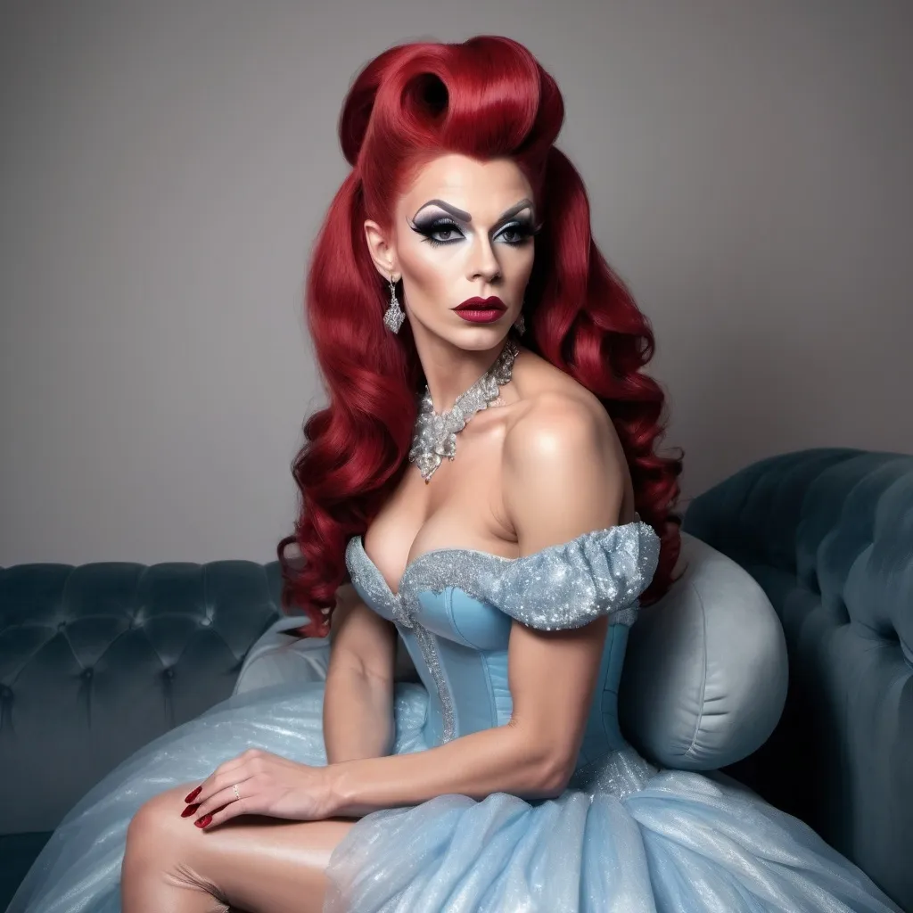 Prompt: Gorgeous ultra-muscular 25-year-old Dutch drag queen dressed as a modern day Cinderella with ridiculously long dark red updo hair wearing eight inch stiletto high heel shoes posing on the couch