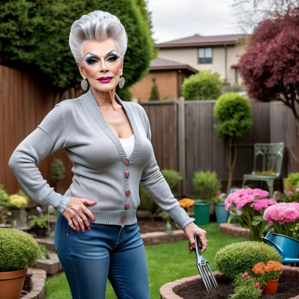 Prompt: Gorgeous elderly drag queen with a silver updo hairstyle, gardening in a backyard while wearing tight jeans, cardigan sweater, abd 8 inch stiletto high heel shoes.