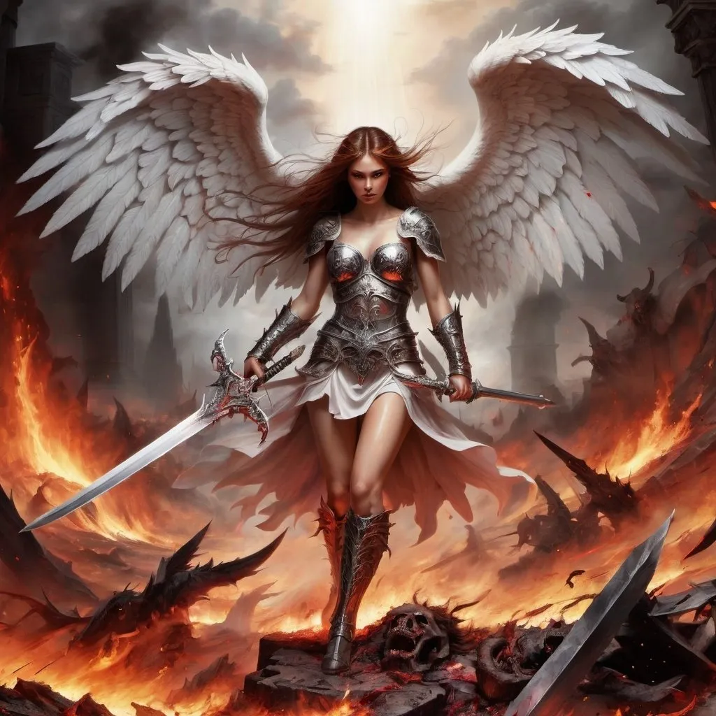 Prompt: Gorgeous angel warrior fighting her way through hell with only a large sword. Bloody demon hoard in background. 