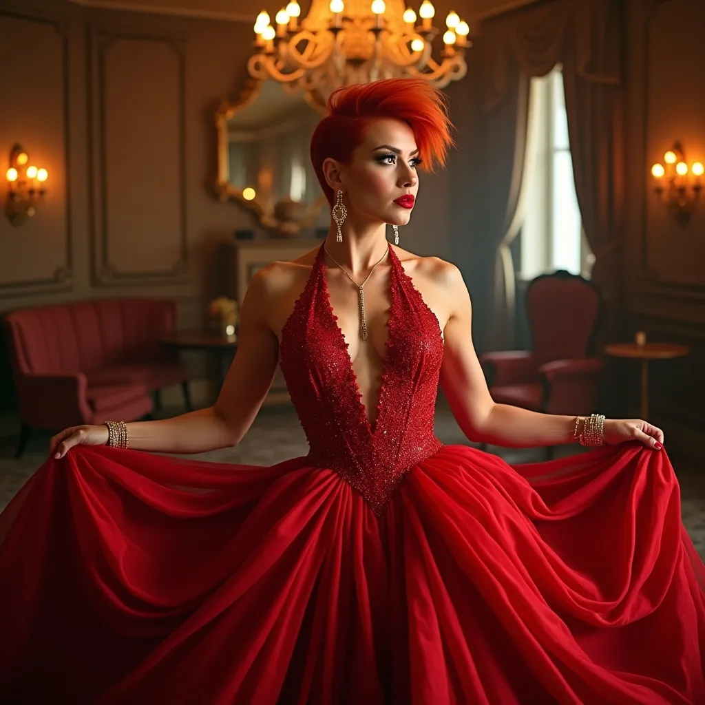 Prompt: A gorgeous ultra-muscular 25-year-old French drag queen bodybuilder with short spiky swept over dark orange hair (in a stunning long shaped Moschino dress), capturing an elegant poise, set against a glamorous backdrop, rich colors blended into a high contrast scene, soft ambient lighting highlighting the dress details, stylish accessories enhancing the royal aesthetic, flowing fabric, luxurious textures, surrounded by a warm and inviting atmosphere, high definition, ultra-detailed, fashion photography.