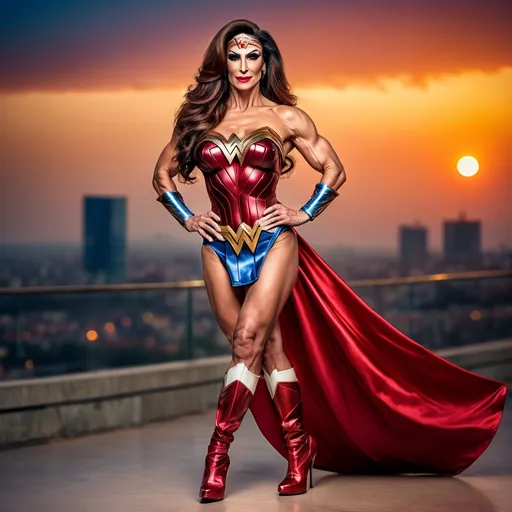 Prompt: (Gorgeous ultra-muscular Turkish drag queen bodybuilder wearing wonder woman dress and 8 inch stiletto high heel boots) age 45 years old, professional photo, vivid colors, studio lighting, hyper detailed, HDR, bokeh, long silk hair, full body, perfect anatomy, beautiful face ,Sunset background, highly realistic, ultra-detailed, 8K, high quality.