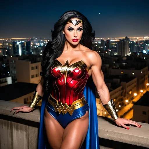 Prompt: Gorgeous ultra-muscular 25-year-old Israeli drag queen bodybuilder with huge busom and long flowing black hair, dressed as Wonder Woman (DC Comics Character), standing on the ledge of a building at night.