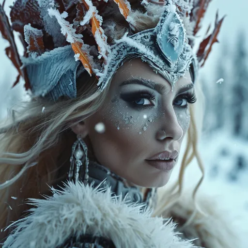 Prompt: High-resolution, cinematic-style photograph featuring a gorgeous Nordic drag queen Ice goddess, standing in the frozen wilderness conjuring up a snow storm.