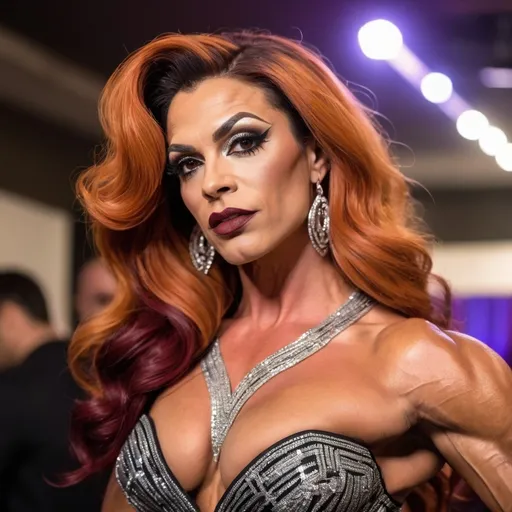 Prompt: Gorgeous muscular 35-year-old Portuguese drag queen bodybuilder with long wavy burnt orange hair,  burgundy lipstick, and strong masculine jawline and brow features, wearing a silver and black prom dress and posing on the dance floor.