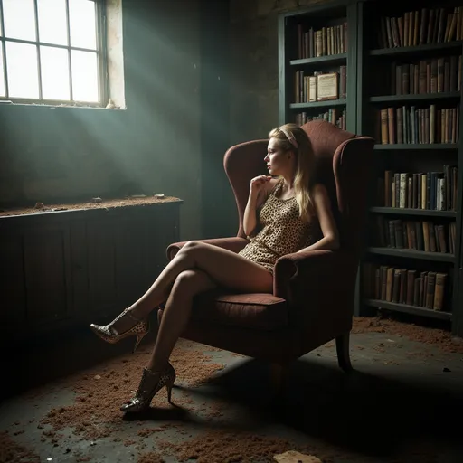 Prompt: create an image of a Drag queen sitting in an armchair in an abandoned library in a basement, with a leopard skin covering, in a realistic and vaporwave style, the light is filtered and you can see the dust in the air through the light coming in from an upper window.