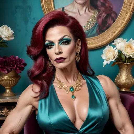 Prompt: oil painting of beautiful muscular 45-year-old Bulgarian drag queen (dark eyeshadow and dark red lipstick) wearing an (elegant sleeveless Teal blouse, gold necklaces, diamond ring), and (off-white fancy skirt, fancy dark red hairstyle), sitting on armchair near a perfectly designed room with aesthetic wall and plum curtain, vase with flowers near the woman (close up shot) , good composition 