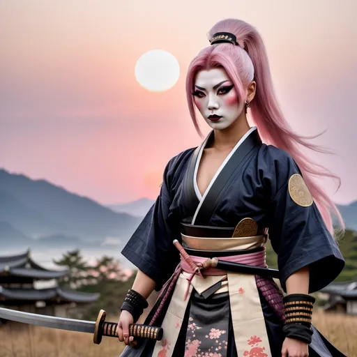 Prompt: A gorgeous muscular 21-year-old Japanese drag queen Samurai (dark eye makeup, dark lipstick, big busom, and platinum pink hair) wearing a traditional ancient Samurai yoroi and holding a katana in one hand, standing in a battle stance. 13th century Japan at sunset.