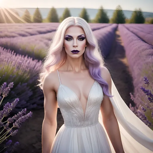 Prompt: Design a photo-realistic portrait of a gorgeous muscular 25-year-old Finnish drag queen (dark eye makeup and dark lipstick) dressed in a flowing white gown, standing amongst a field of lavender. The sunlight catches the delicate details of her dress, creating a soft, ethereal glow.