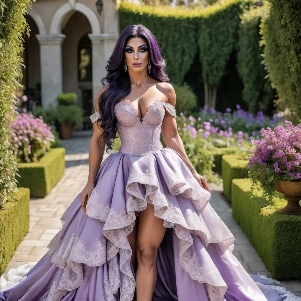 Prompt: Gorgeous ultra-muscular 25-year-old Turkish drag queen bodybuilder with very long wavy shiny black hair wearing a Pale purple wedding dress with lace bodice and high-low skirt and off the shoulder straps posing in a beautiful garden on a sunny day