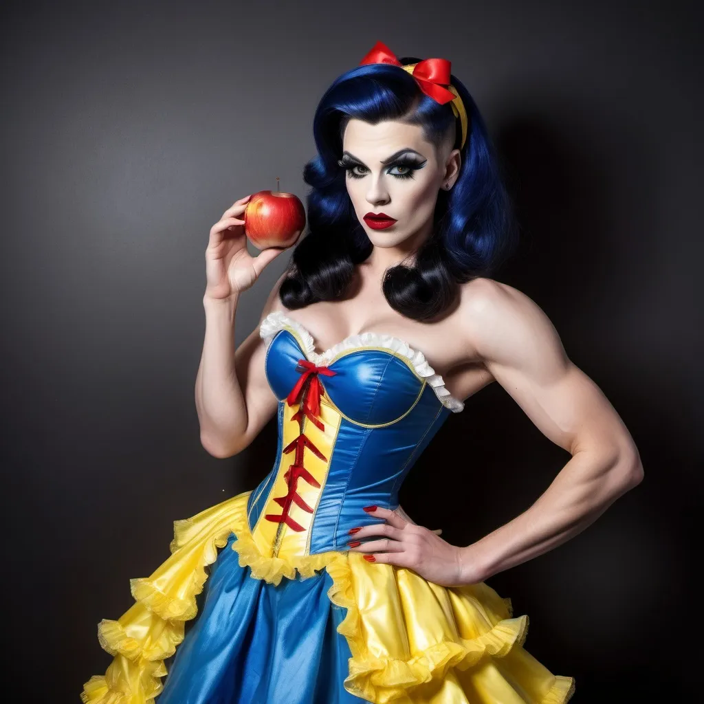 Prompt: Gorgeous ultra-muscular 25-year-old well endowed Finnish drag queen (strong masculine jawline and brow features) with dark eyeshadow,  dark lipstick, and ridiculously short shiny black hair dressed as Snow White with a yellow frilly dress, a blue & red corset, a red ribbon in her hair, and 8 inch stiletto high heel shoes.  Holding an apple in a quaint cottage.