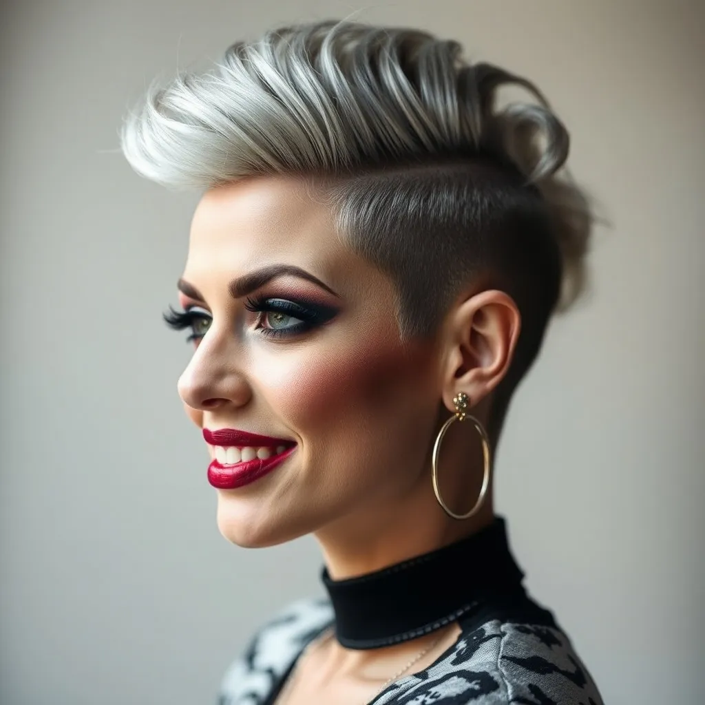 Prompt: side buzzed fade longer updo top cut with a silver and black trendy moehawk, hair cut sample, fashion magazine, high focus on trendy hairstyle, gorgeous 50-year-old Finnish drag queen bodybuilder model with thick eyeshadow and dark red lipstick, flirty, confident smile --ar 9:16 --v 6.0